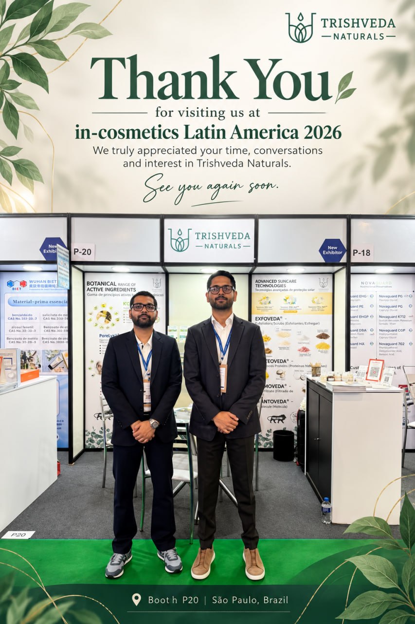 Trishveda Naturals team at In-Cosmetics Latin America 2026, Booth P20, São Paulo, Brazil